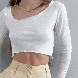 Long Sleeve Irregular Neckline Crop Top
