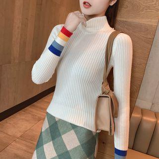 Long-sleeve Striped Trim Knit Top White - One Size