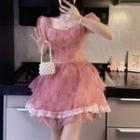 Puff-sleeve Floral Lace Trim Mini A-line Dress