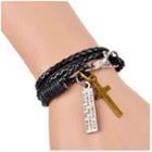 Alloy Cross & Tag Braided Layered Faux Leather Bracelet