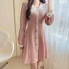 Lace-trim Button-detail A-line Dress