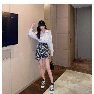 Long-sleeve Sheer Striped Shirt / Irregular Printed Mini Skirt