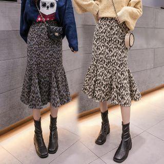 Leopard Print Ruffle Hem Midi A-line Skirt