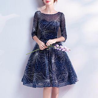 Elbow-sleeve Patterned A-line Party Dress