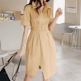 Short-sleeve Belted A-line Dress
