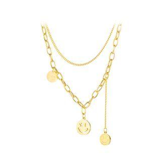 Simple And Creative Plated Gold Geometric Circular Smiley Face Double Layer 316l Stainless Steel Necklace Golden - One Size