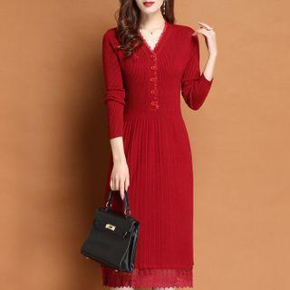 Lace Trim V-neck Knit Midi A-line Dress