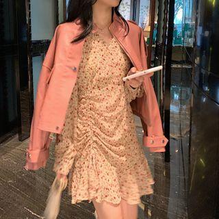 Long-sleeve Ruched Floral Print Mini A-line Dress