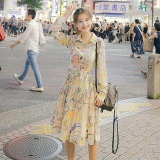 Floral Print Pleated Long-sleeve Dress