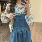 Long-sleeve Ruffled Trim Floral Blouse / A-line Overall Dress