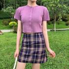 Button Short-sleeve Knit Top / Plaid A-line Skirt