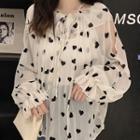 Bell-sleeve Heart Print Blouse White - One Size