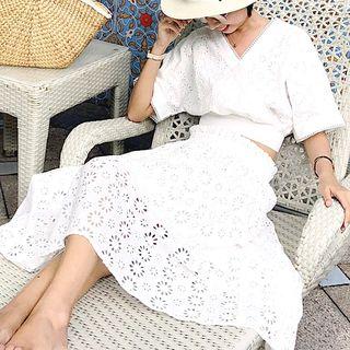 Set: Lace-up Back Elbow-sleeve Top + High Waist A-line Skirt