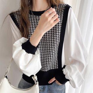 Chiffon-sleeve Houndstooth Sweater