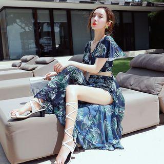 Set: Short-sleeve Leaf Pattern Swim Top + Bottom + Cover-up