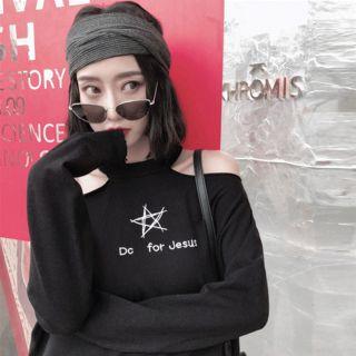 Lettering Long-sleeve Loose-fit Halter Top