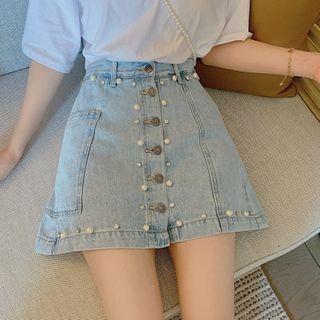 High-waist Faux Pearl Accent Single Breasted Denim Skort