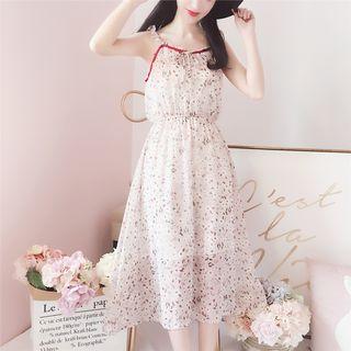 Frilled Spaghetti Strap Floral Print Chiffon Midi Dress