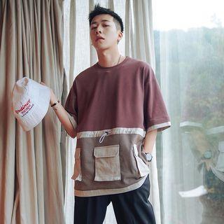 Mock Two-piece Elbow-sleeve Pocketed T-shirt