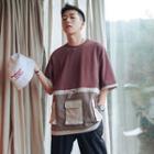 Mock Two-piece Elbow-sleeve Pocketed T-shirt