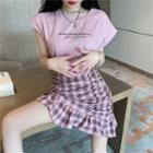 Set: Lettering Short-sleeve T-shirt + Plaid Shirred Mini A-line Skirt