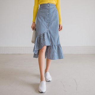 Button-detail Gingham Midi Skirt