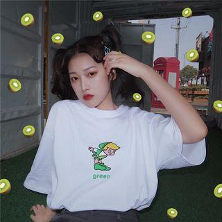 Elbow-sleeve Cartoon T-shirt White - One Size