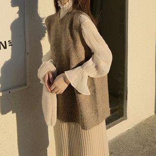 Plain Blouse / Knit V-neck Vest / Mock Two-piece Midi Straight-fit Skirt