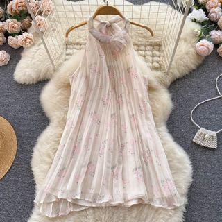 Sleeveless Halter Floral Accordion Pleat Dress Almond - One Size