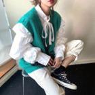 Set: Lantern Sleeve Lace-up Blouse + V-neck Knit Vest