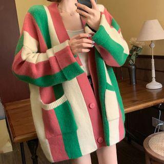 Striped Buttoned Cardigan / Long-sleeve Floral Print Shirt