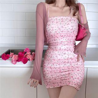 Spaghetti-strap Floral Mini Bodycon Dress / Light Jacket