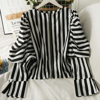 Details Zipper-back Striped Loose Blouse Black - One Size