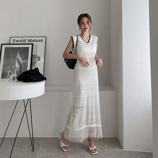 Pointelle-knit Sleeveless Top & Fringed Skirt Set