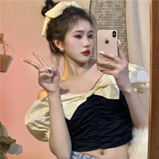 Puff-sleeve Two-tone Shirred Cropped Top