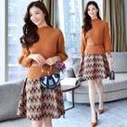 Set: Loose-fit Knit Top + Printed Skirt