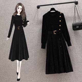 Puff-sleeve Glitter A-line Velvet Dress