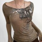 Long Sleeve Heart & Wings Print Rhinestone T-shirt