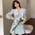 Long-sleeve Floral Tie-waist Cropped Blouse / Pleated A-line Mini Skirt