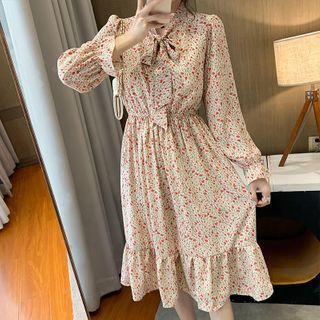 Bell-sleeve Floral Print Midi A-line Dress / Sweater Vest