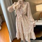 Bell-sleeve Floral Print Midi A-line Dress / Sweater Vest