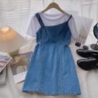 Set: Denim Overall Dress + Short-sleeve T-shirt (various Designs)
