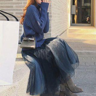 Turtleneck Sweater / Sheer Penal Midi Skirt / Set
