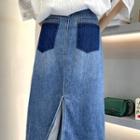 Back-slit Denim Pencil Skirt / Elbow-sleeve Contrast Trim Pocket Detail Shirt