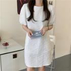 Short-sleeve Textured Mini A-line Dress White - One Size