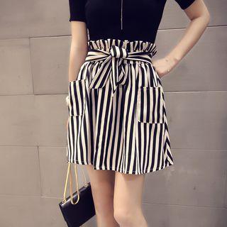 Striped Mini A-line Skirt Stripes - Black & White - One Size