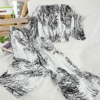 Set: Off Shoulder Printed Blouse + Wide-leg Pants