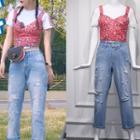 Sleeveless Crop Top / Short-sleeve T-shirt / Cropped Straight Cut Jeans