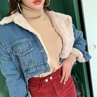 Faux-fur Lined Cropped Denim Jacket Blue - One Size