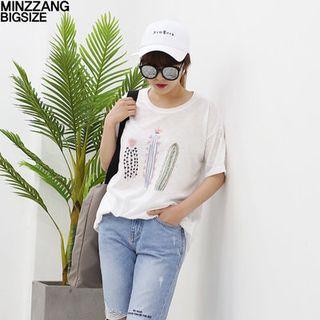 Drop-shoulder Cactus Print T-shirt